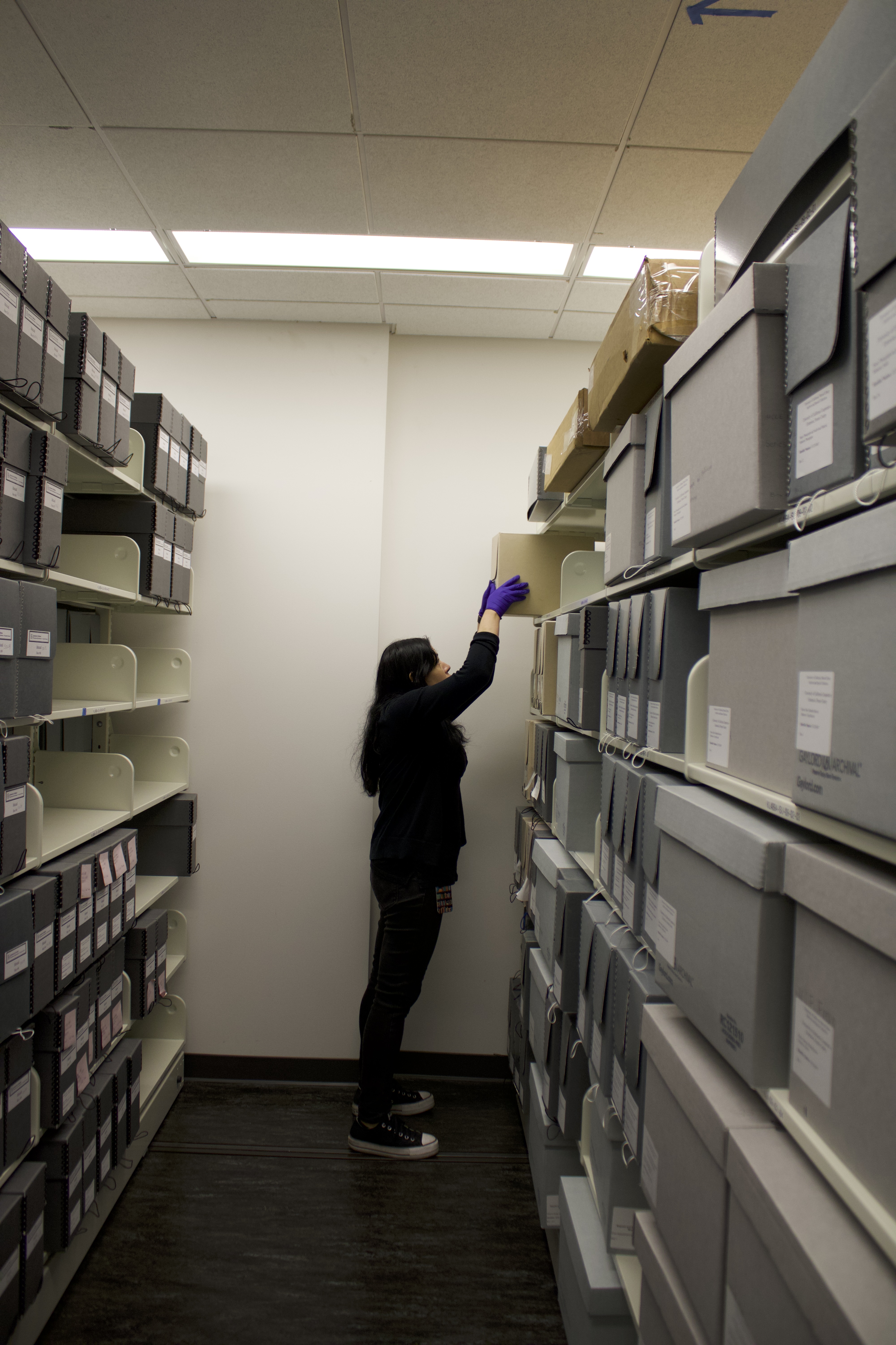 Two rows of shelving with grey archival boxes; individual between rows face right shelf and reach up for an archival box
