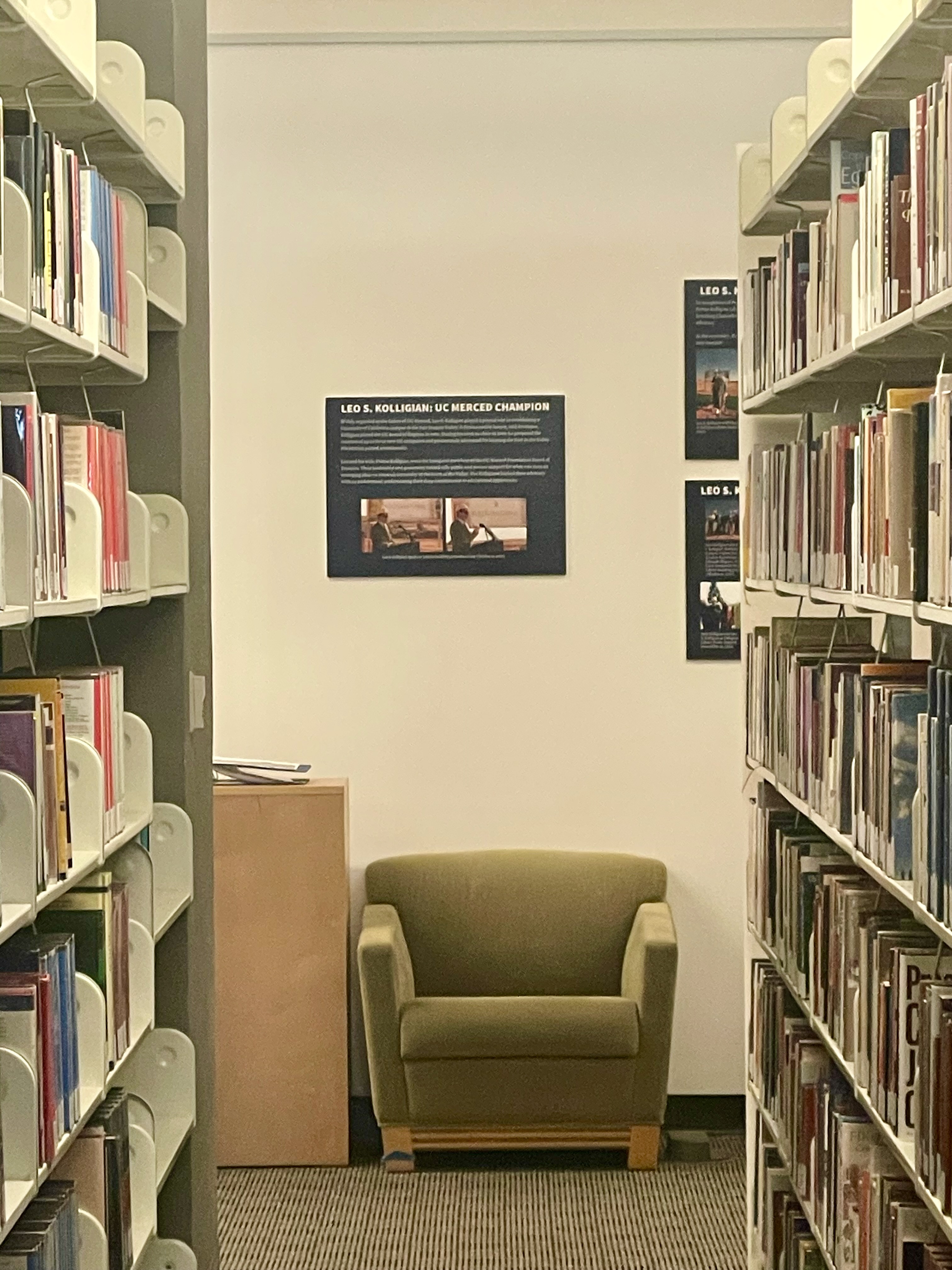 View of an exhibit panel, flanked by bookstacks on either side