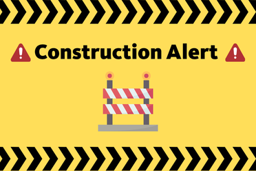 Construction Alert on bright yellow background and icons representing a construction zone