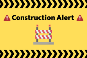 Construction Alert on bright yellow background and icons representing a construction zone