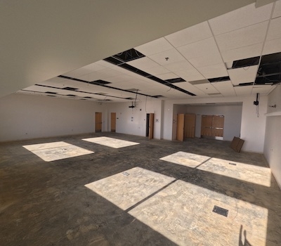 2nd floor library conference room under construction with furnishings and carpeting removed.
