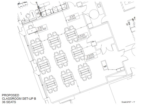 rendering of conference room with 9 pods of 4 seats