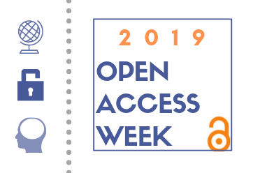 open access week 2019 with icons of globe, lock, brain