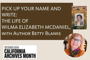 Pick Up Your Name and Write: The Life of Wilma Elizabeth McDaniel, with author Betty Blanks graphic with book cover and author photo