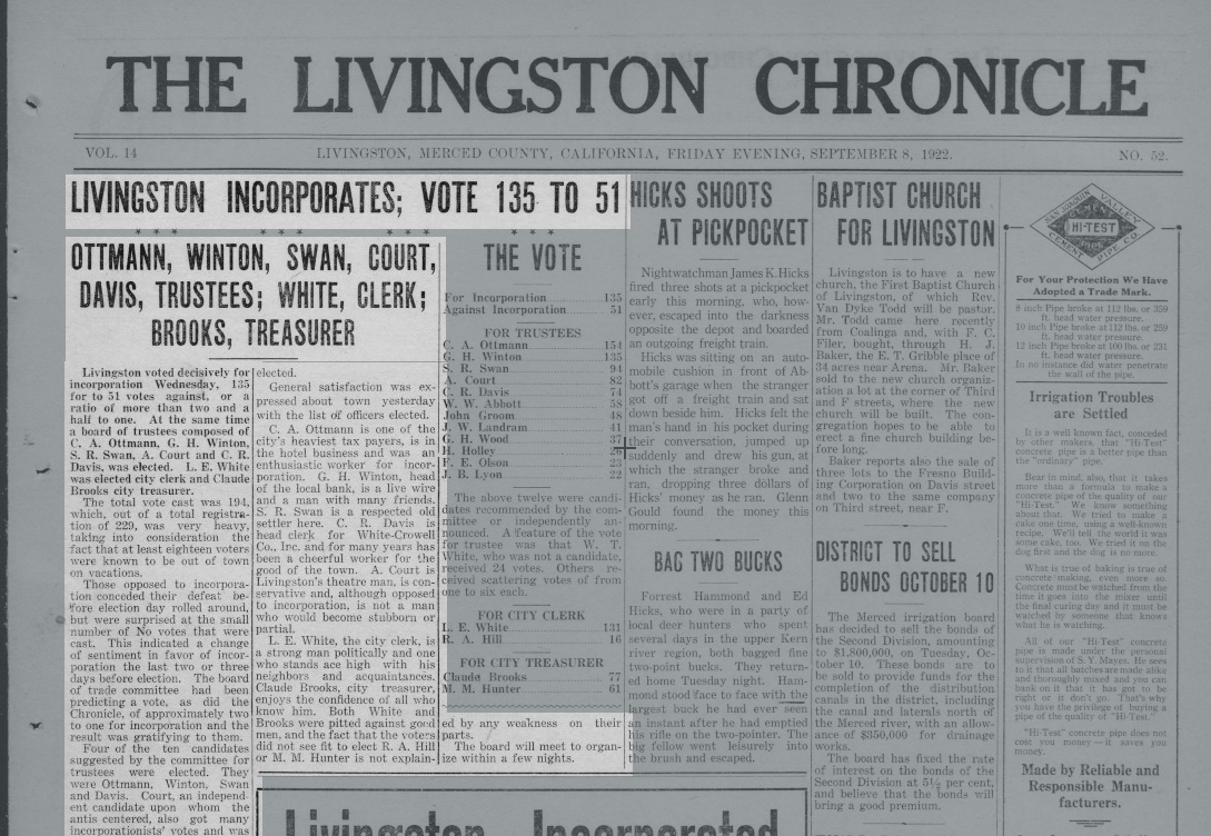 Livingston Incorporates, The Chronicle Sept 8, 1922