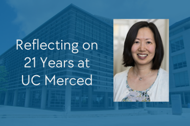 Reflecting on 21 Years at UC Merced; profile of Emily Lin on faded background of Kolligian Library Lantern exterior