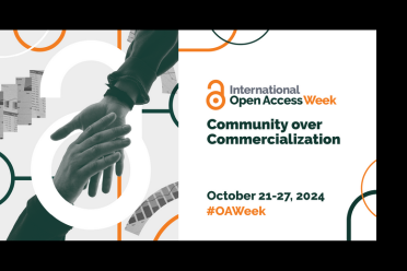 International Open Access Week with orange unlock symbol; Community Over Commercialization. October 21-27, 2024 with hastage OAWeek. Images at left with two hand reaching for each other through a white open access unlocked logo.