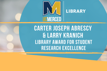 decorative blue circle with text Carter Joseph Abrescy and Larry Kranich Library Award for Student Research Excellence with a fancy background