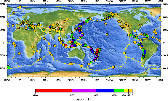Map depicting location and depth of global earthquakes