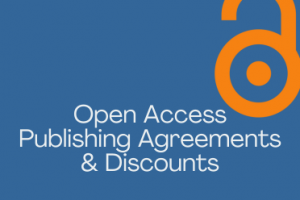 Open Access Publishing Agreements & Discounts. Text on dark blue background. Orange Open Access icon at upper right.
