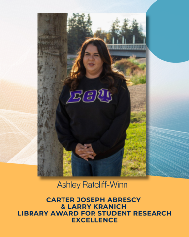 Portrait of Ashley Ratcliff Winn on abstract background; recognized as winner of Carter Joseph Abrescy  & Larry Kranich  Library Award  for Student Research Excellence